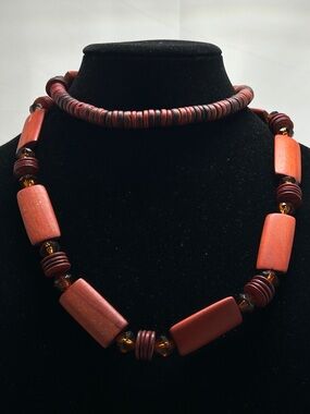 Vintage Redwood Long Beaded Necklace, Bohemian, Boho